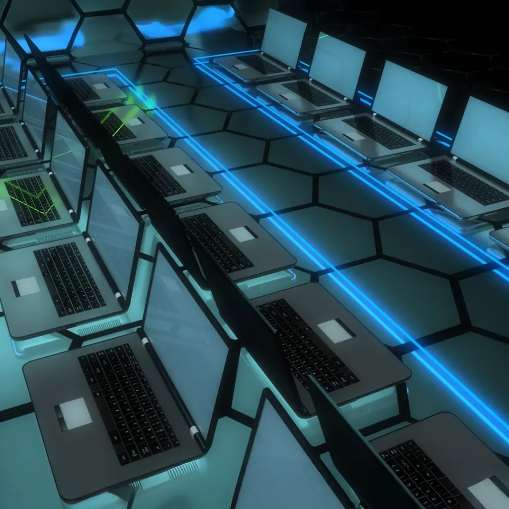 Vernetzte Laptops in einem futuristischen Rechenzentrum – Symbol für IT-Support und Cybersicherheit