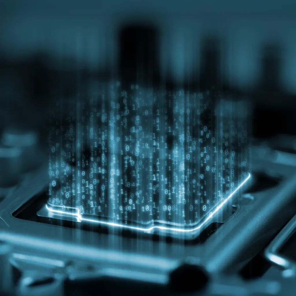 Digitale Binärdaten auf einem leuchtenden Mikrochip – Symbol für moderne IT-Infrastruktur